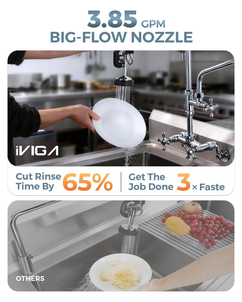 Commercial Sink Sprayer Head: 7/8"-20UNEF Black Pre Rinse Sprayer - 3.85 GPM High Pressure Pull Down Spray Head - Handheld Dish Sprayer Nozzle for Commercial Kitchen Faucet (Chrome Finished)