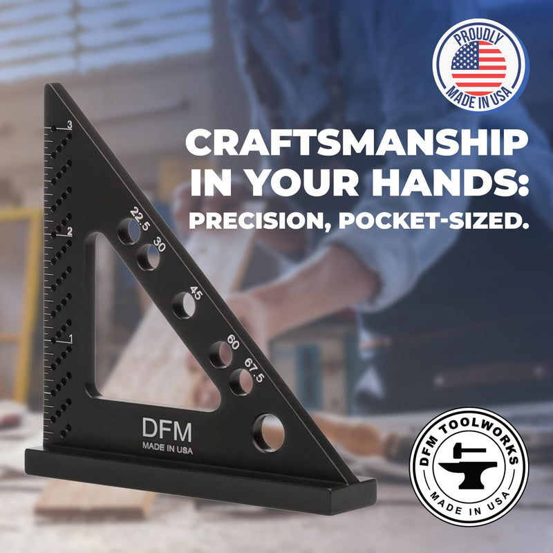 DFM Small Carpenters Work Tools w/Fixed Miter Angle Pin - Precision Woodworking - 3.5" x 3.75" Size for Pocket 1/16" Scribe Holes 5 x 1/4" Pin Holes - Made in USA - English Blue English - Blue