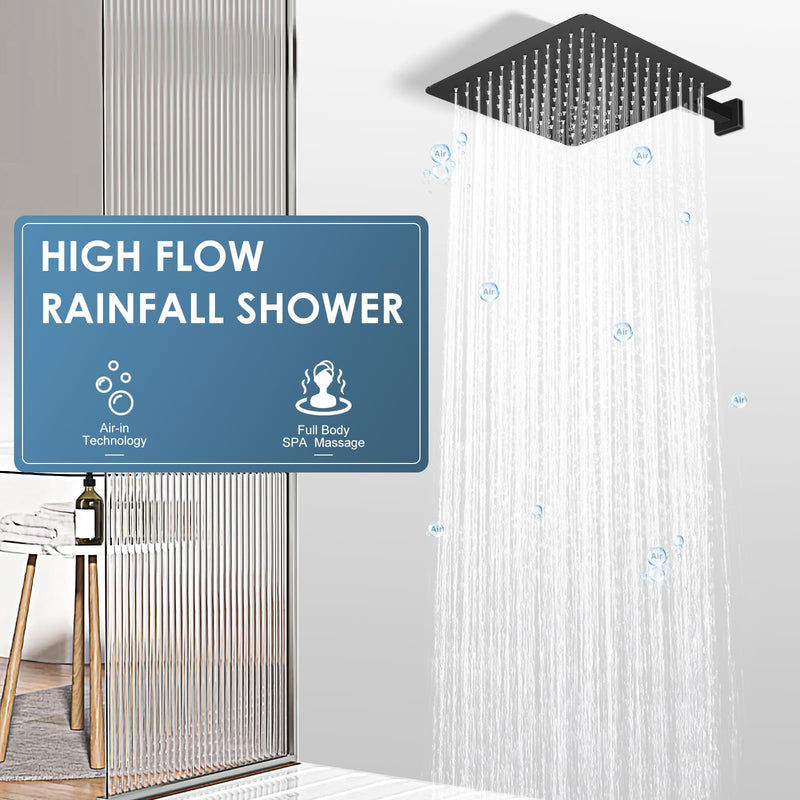 12 inch Matte Black Rain Shower Head - All Metal 304 Stainless Steel, Full Body Rainfall Shower with 144 Silicone Nozzles - Square Showerheads Ceiling or Wall Mount Modern Bathroom 12 Inch Square B-Matte Black