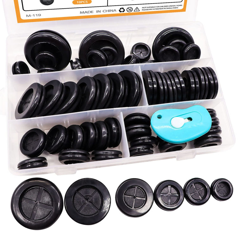 mankk 53Pcs Rubber Grommet Kit,6 Size (5/8" 13/16" 7/8" 1" 1-3/16" 1-1/2") Drill Hole Round Double Sided Rubber Hole Plug with Retractable Box Knife for Protecting Cable Wire M-119