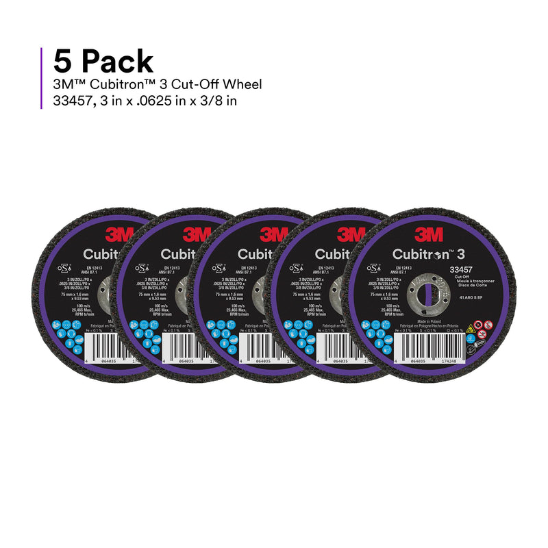 3M Cubitron 3 Cut-Off Wheel 33457, 3 in x 0.0625 in x 3/8 in, Long Lasting Performance, High Cut Rate, for Automotive Cutting and Splicing, Collision Repair, 5 Wheels