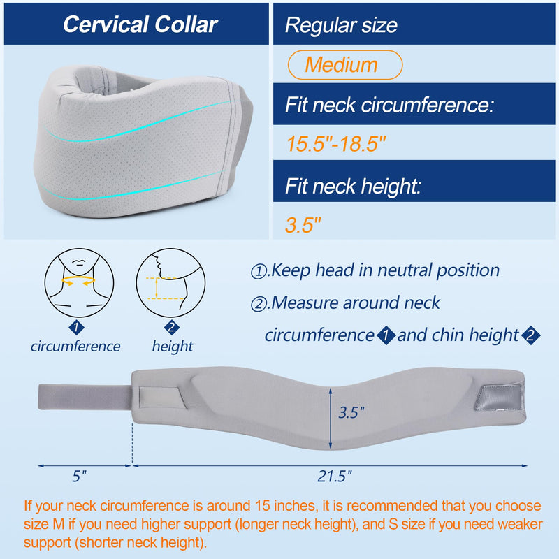 Neck Brace for Neck Pain and Support, Soft Neck Support Relieves Pain & Pressure in Spine for Women & Men, Wrap Align Stabilize Vertebrae Foam Cervical Collar for Sleeping (Grey, M, 3.5" Depth Collar) Grey M, 3.5" Middle Height