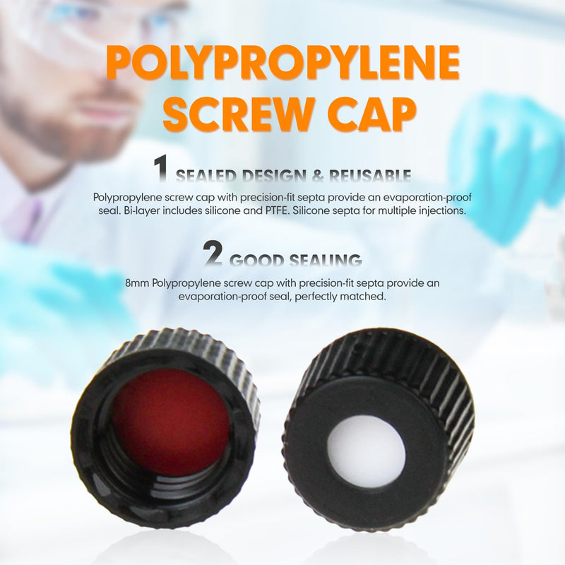 2 ML Autosampler Vial, Amber 8-425 HPLC, 8mm Chromatography Lab Vial with Writing Area, Black Screw Cap&Septa, 100 pcs