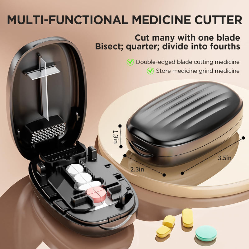 Pill Cutter Splitter for Small and Tiny Pills, 1/2 1/4 Pill Splitter for Small Pills,Vitamins, Tablets in Half or Quarters, Accurate and Easy Cutting, Stainless Steel Blade, Back Storage (Black) Black