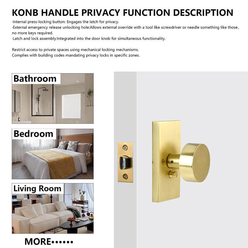 Brushed Satin Brass Golden Privacy Door Knob with Reversible Keyless Push Lock Modern Rectangle Interior Handle for Bedroom Bathroom, Heavy Duty & Easy Installation (Golden Long Plate Lock) Golden Long Plate Lock