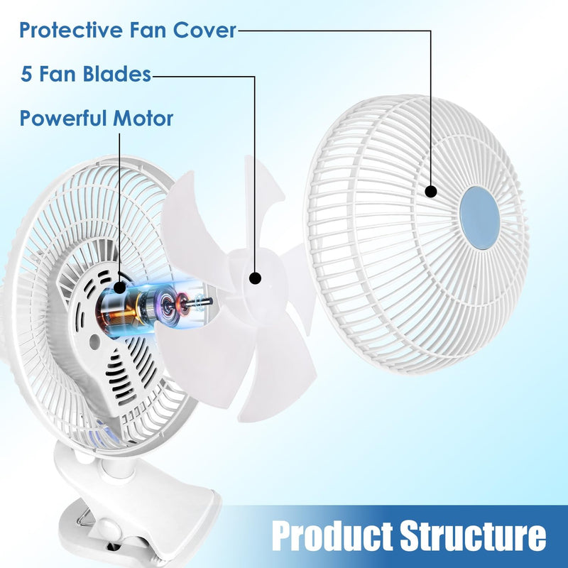 Clip On Fan, AC 110V 8.66inch Adjustable Clip Table Fan, Quiet Clamp Fan White