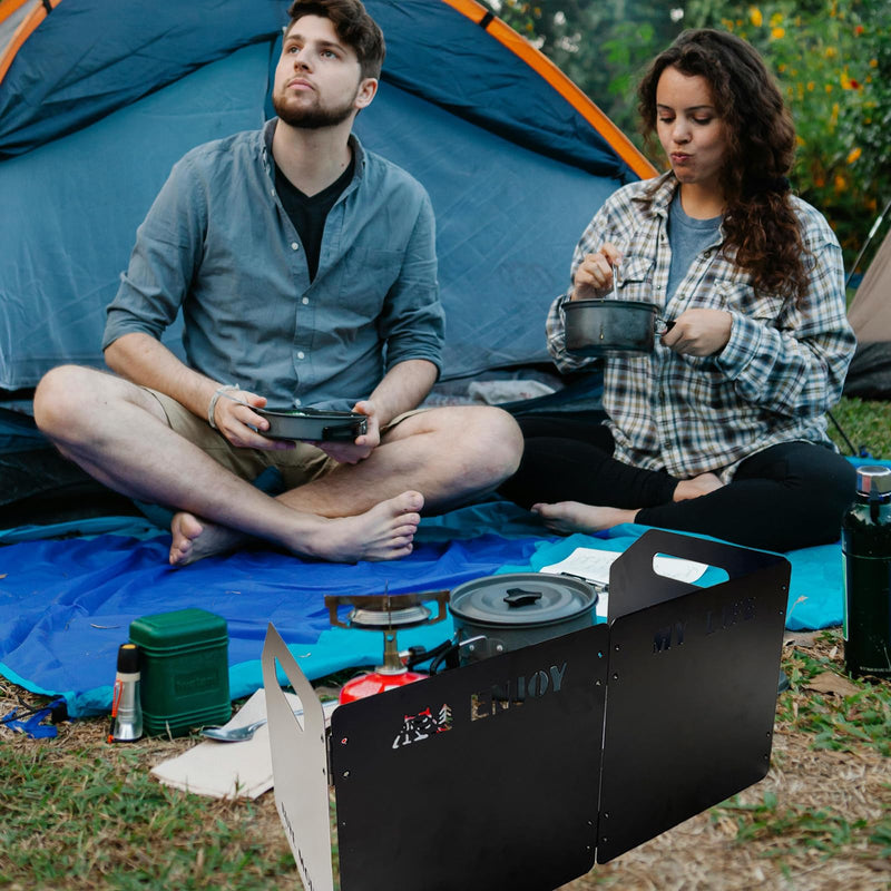Camping Stove Windscreen, 4 Plates Stainless Steel, Black, Large