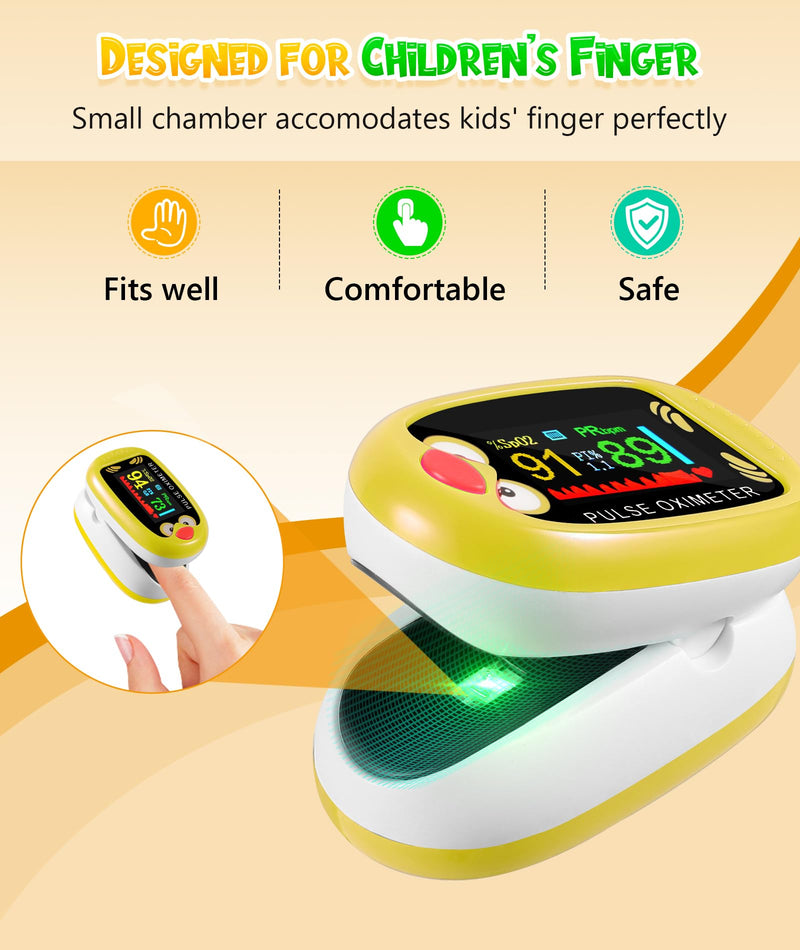 Pediatric Pulse Oximeter, Rechargeable Oximeter for Kids, Baby Oxygen Monitor, Blood Oxygen Saturation, Pulse Rate Monitor, Cute Cartoon Design, USB-C Charging (Yellow)