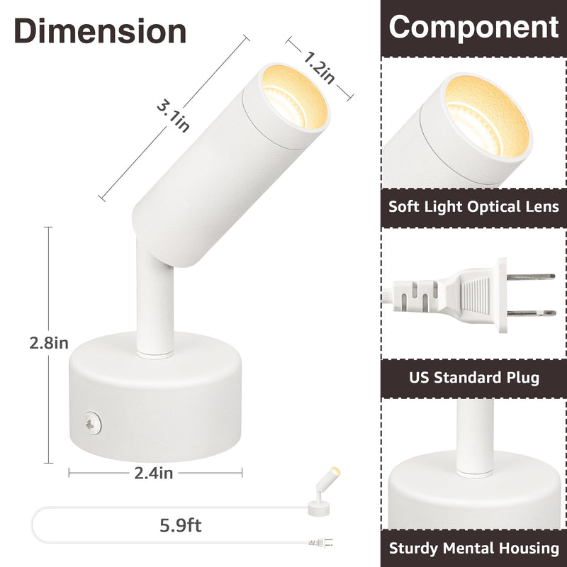 Dimmable LED Spot Lights Indoor, Remote Controlled with Timer, 3W Plug-in Up Lights, 3000K/4000K/5000K Uplighting Indoor Spotlight for Accent Lighting Plants or Artwork, 2 Pack