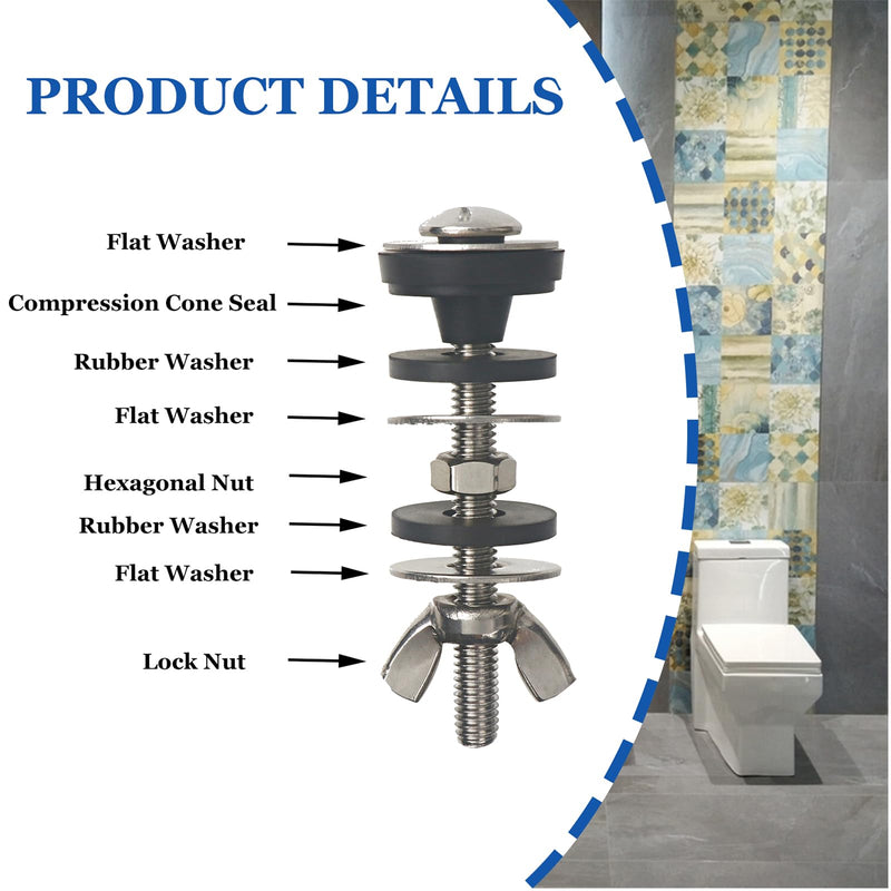 Universal Toilet Tank to Bowl Bolt Kit, Heavy Duty Toilet Tank Replacement Kit, Waterproof and Rustproof Stainless Steel Toilet Tank Bolts(2 PCS) General model 2 Pack