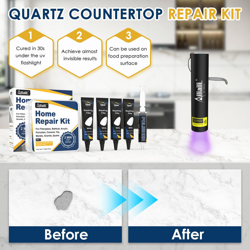 Quartz Countertop Repair Kit, Fiberglass Tub & Tile Repair Kit with 4x15g White Filler, 30s Fast Repair Chip, Hole, Scratch, Crack on Porcelain, Granite, Marble, Ceramic Tile, Bath Tub, Sink