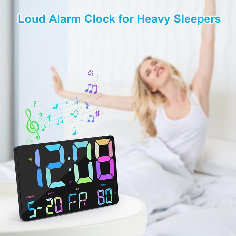 Amgico Digital Alarm Clock with Snooze, Temperature, Auto Dimming, 11.5" Large Display Calendar, Desk/Wall Clock for Bedroom, Living Room, Office, Home, Classroom,Elderly - Rainbow Black-a Rainbow