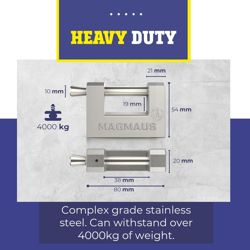 Magmaus® RTL80 [Armoured] High Security Padlock – Heavy Duty Container Lock with 0.74” Shackle Clearance & 0.39” Thick Bolt – Weatherproof Outdoor Lock for Storage Unit, Shed, Gate, Garage - 3 Keys 80 mm 1 Pack - 3 Keys Silver