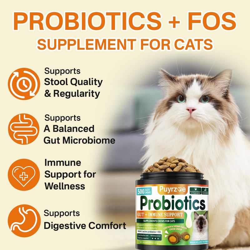 Puyrzoe Cat Probiotics & FOS Chews - Digestive + Gut Support, 500 Crunchy & Creamy Chews, Constipation Relief + Nutrient Absorption + Immune, Daily Probiotics Chews for Cats Kittens (Chicken Shrimp)