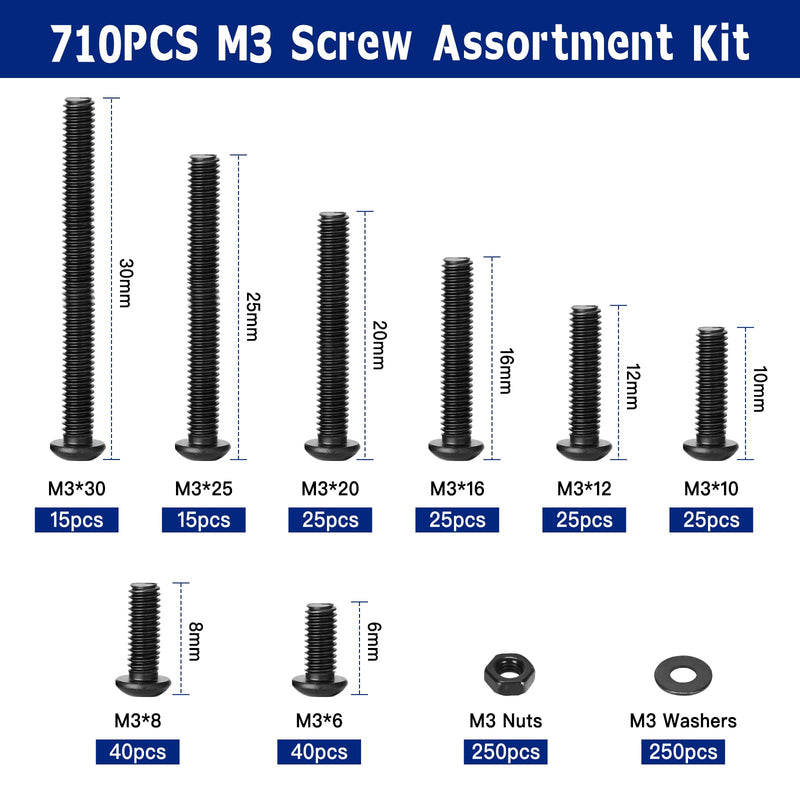 710PCS M3 Screw Assortment Kit, M3x6/8/10/12/16/20/25/30mm M3 Screw Kits, 10.9 Grade Alloy Steel Metric Hex Button Head Cap Screws, Nuts and Flat Washers, Black Zinc Plated Screw Set for 3D Printing