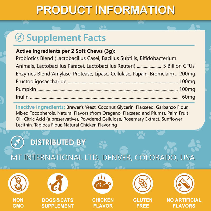 Probiotics for Dogs & Cats with 5 Billion CFUs - Gut Health, Firm Stool, Gas Relief, Immune Support, 120 Chews, Chicken Flavor