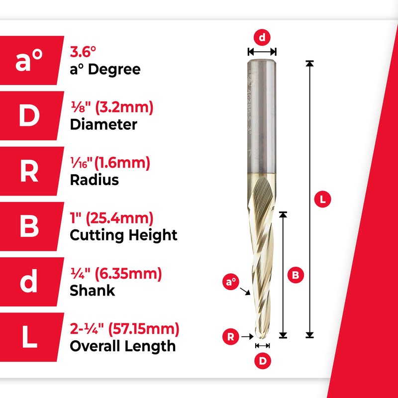 Amana Tool Up Cut Spiral CNC Router Bits for 2D/3D Carving, ZrN Coated, 46286-S, 3.6 Deg Angle Ball Nose x 1/8 D x 1/16 R x 1 x 1/4 SHK x 3 Flute 0.125 inch
