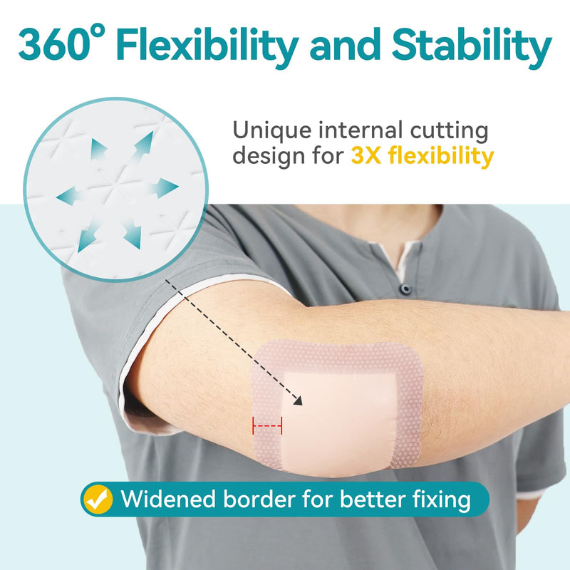 Dimora Ultra Soft Silicone Foam Dressing 4"x4" (10 Pack)- Upgraded Absorbency Wound Dressing with Widened Border, Adhesive Foam Bandages for Bed Sores, Burn, Ulcer, Surgical Wound, FSA/HSA Eligible 4x4 Inch