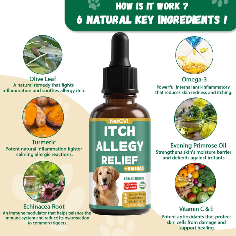 Dogs Allergy Itch Relief Drops, Yeast Infection Treatment for Dog for Itchy Skin and Itchy Ear, Allergy & Paw Itching, Soothes Irritation & Reduces Inflammation Herbal Dog Supplement 2 Packs