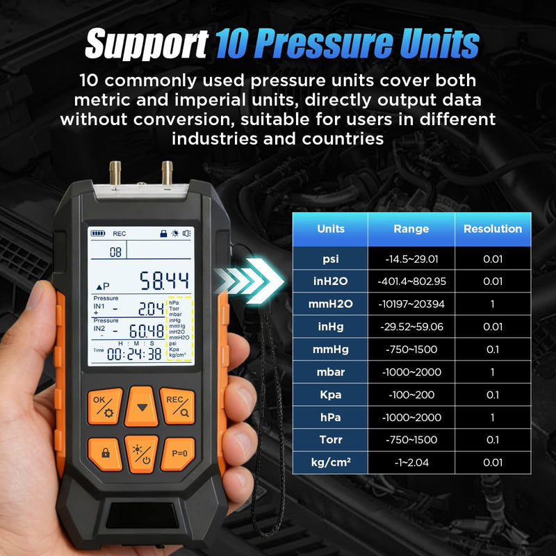 Manometer HVAC Gas Pressure Tester Dual Port Digital Manometer -14.65~29psi Differential Pressure Gauge with 10 Units, 7 Adapters, 29 Sets Data Storage&Hold, 2.8-in Backlit Display Air Pressure Meter Pro