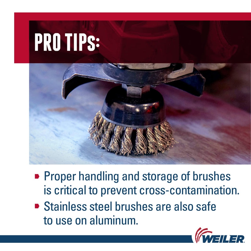 Weiler 13253 2-3/4" Single Row Knot Wire Cup Brush, .020" Stainless Steel Fill, M10X1.25 Nut, Made in the USA