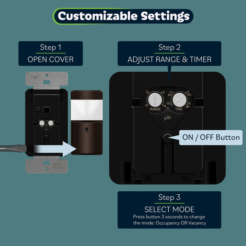 TOPGREENER Motion Sensor Switch, NEUTRAL WIRE REQUIRED, PIR Sensor Light Switch with Ambient Light Level Detector, Occupancy & Vacancy Modes, 150W LED/CFL, Single Pole, TDOS5-M-BR-2PCS, Brown