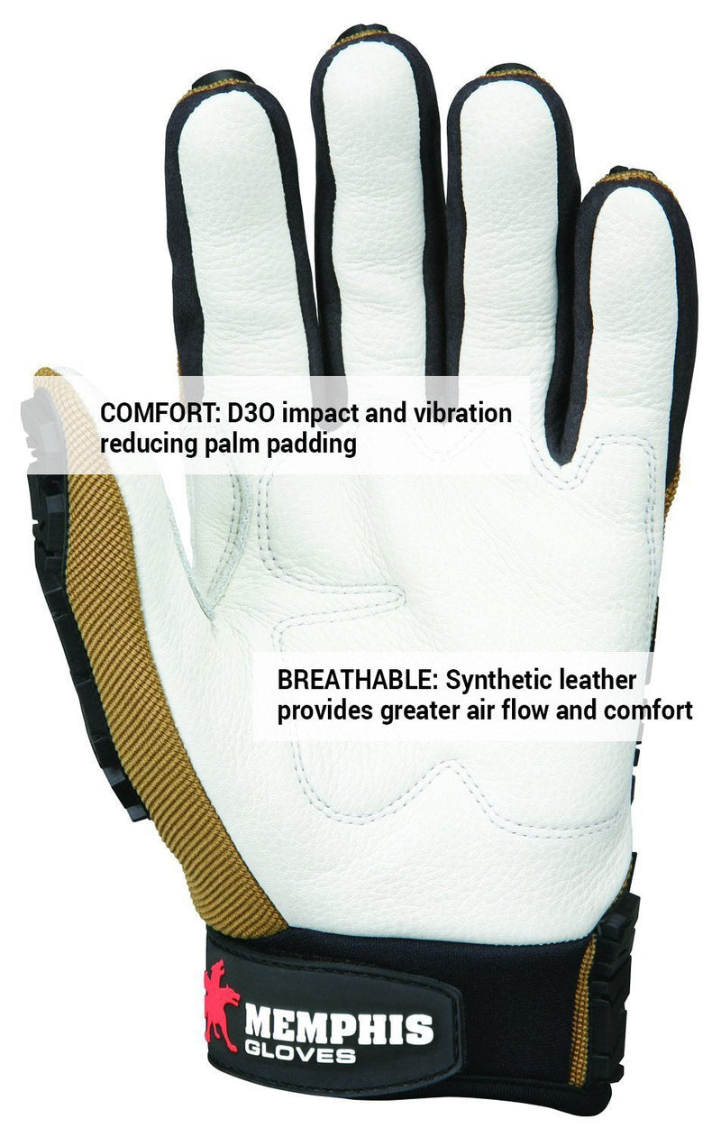MCR Safety PD2903XL Predator Multitask Grain Cow Leather Palm, Breathable, Padded Gloves, Tire Tread Backing, White, X-Large, 1 Pair Tan