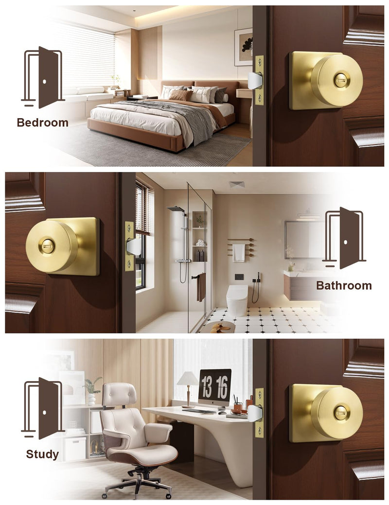 Tinewa 1 Pack Gold Interior Privacy Door Knob with Lock, Brushed Brass Bedroom Door Locks, Keyless Privacy Door Handle Locks, Zinc Alloy Heavy Duty Door Knobs on Square Rose