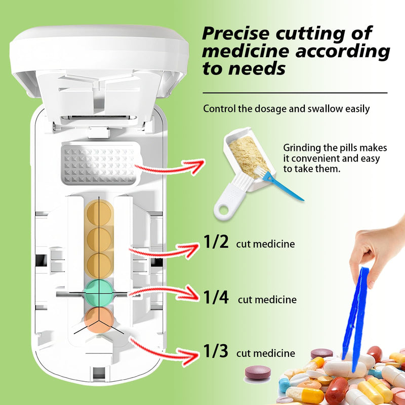 Pill Cutter - 1/2,1/3 &1/4 Pill Splitter with Storage Bag and Tweezers,for Small Tiny Large Pills | Hidden Blade & Sealed Storage | Adjustable & Cuts Multiple Tablets | Includes Cleaning Brush