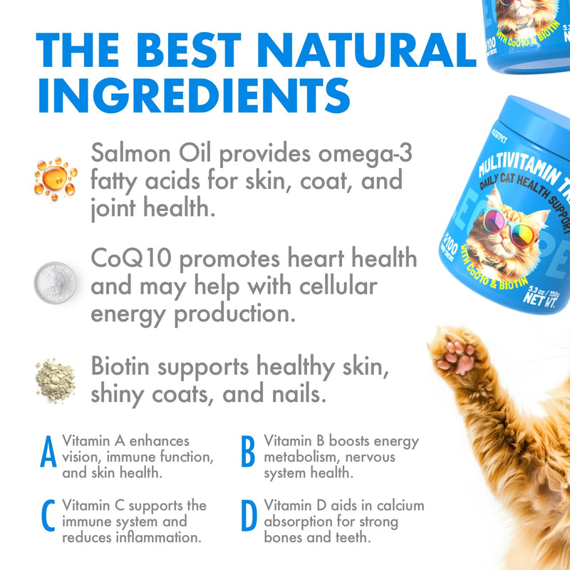 Multivitamin Cat Treats Vitamins for Indoor Cats Skin & Coat Digestion Immunity Mobility Heart & Brain Support Supplements for Overall Cat Health with Vitamins A B C D E and Biotin 100 Yummy Chews Multivimin 100