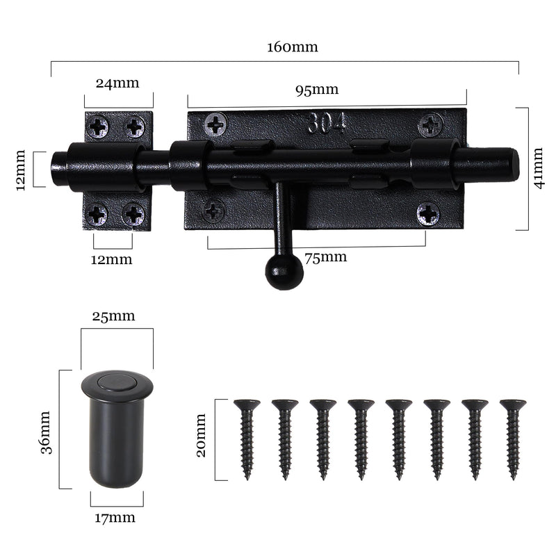 Barrel Bolt Latch Slide Bolt Latch Hardware 6.3 Inch Black Heavy Duty Gate Lock Solid 304 Stainless Steel Slide Lock for Outdoor Fence Wooden Gates Barn Door Cabinet Drawer Window(2 Pack) Black 2 Pack