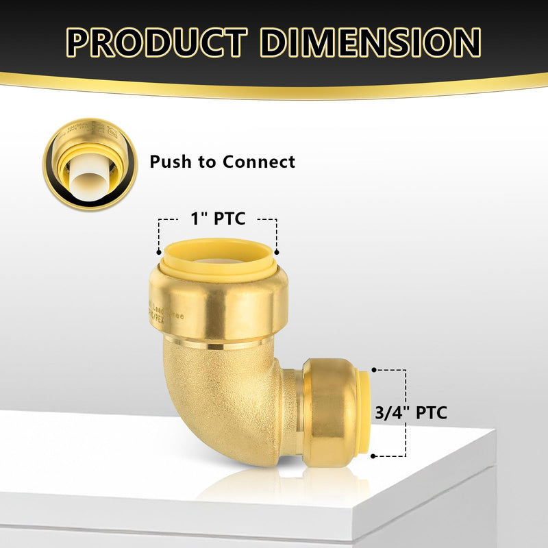 2 Pack Foskan Push Fit Fittings, 1" x 3/4" Push To Connect Brass Elbow 2 1"PTC x 3/4"PTC