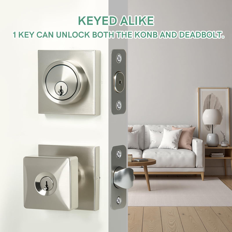 Square Door Knobs Exterior Door Lock Set with Deadbolt, Single Cylinder Deadbolt Door Locks with Keys, Keyed Alike (Satin Nickel,1PACK) Satin Nickel 1 Pack