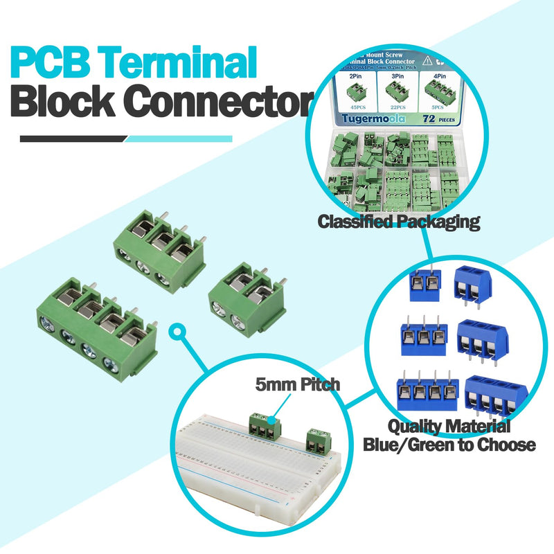 72PCS 5mm/0.2inch 2Pin 3Pin 4Pin Pitch PCB Mount Screw Terminal Block Connector Assortment Kit PCB Board Wire Connectors Green