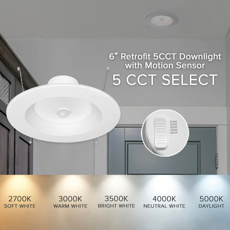 Maxxima 5 in. & 6 in. Retrofit LED PIR Motion Sensor Downlight - 1300 Lumens, 14 Watts, 5 CCT 2700K/3000K/3500K/4000K/5000K, Energy Efficient Indoor Ceiling Lighting Fixture 6 Inch