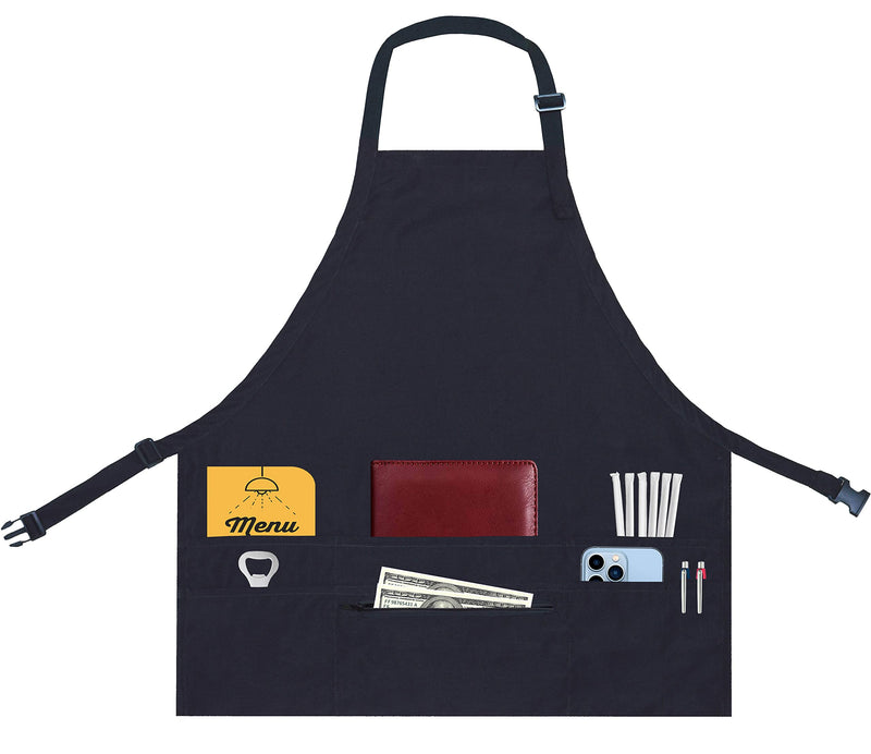 Aprons for Women Men with 7 Pockets – Zipper Pocket - Buckle Closure - Server, Waitress, Hair Stylist, Short Apron Black