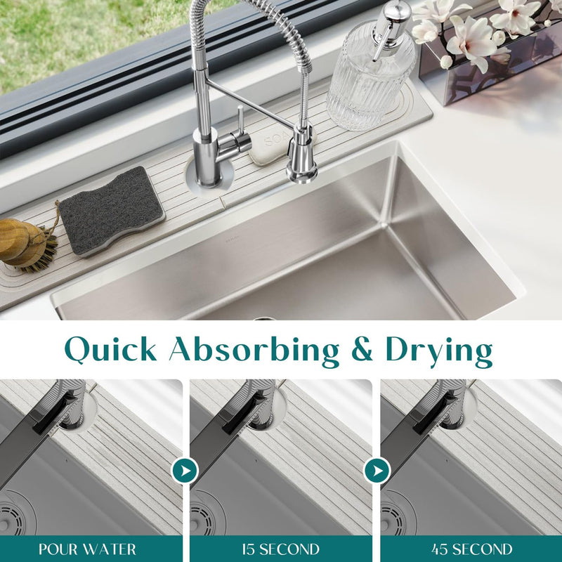 Faucet Mat for Kitchen Sink - 24'' Long Diatomite Fast Drying Stone Sink Tray, Super Absorbent, Prevents Moisture Buildup - Faucet Splash Guard for Bathroom Counter [Light Grey, 23.6" x 3.9"] Light Grey 23.6" x 3.9"
