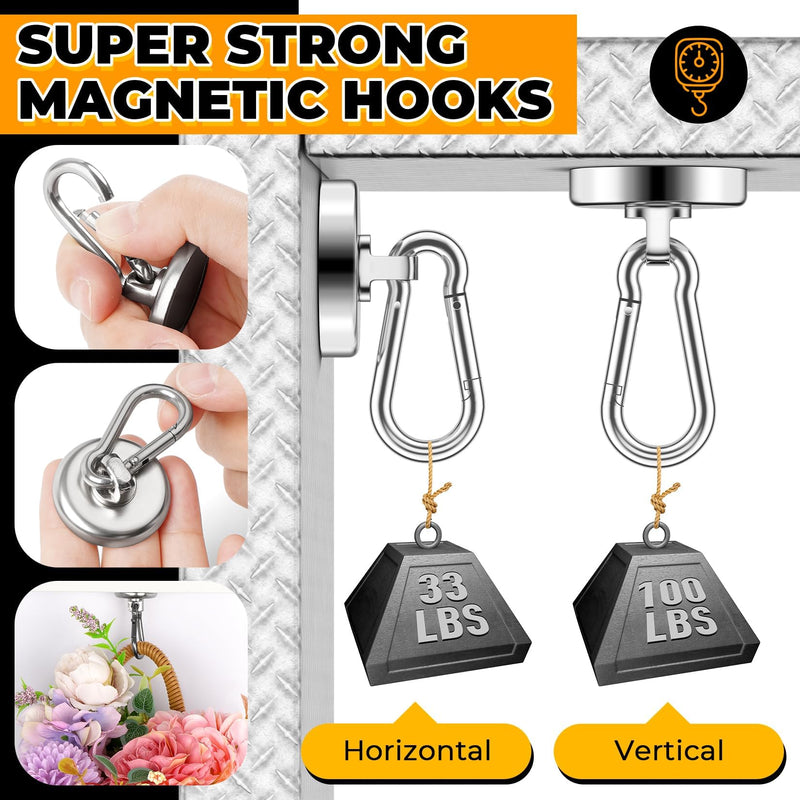 VNDUEEY Strong Magnetic Hooks, 100Lbs 4 Pack Neodymium Grade-52 Magnet Hooks Heavy Duty with Swivel Carabiner Hook for Hanging, Cruise, Garage, Refrigerator, Kitchen, Office, Home 100LBS-4 Pack