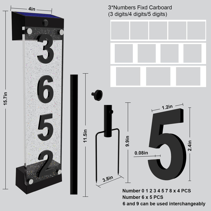 Solar House Numbers for Outside, Acrylics Solar Address Sign with Iron Stakes, Waterproof RGBW Color Changing Remote Control, Lighted Modern Address Plaque Solar Powered for Street Yard Home Multi Digit Multi Color