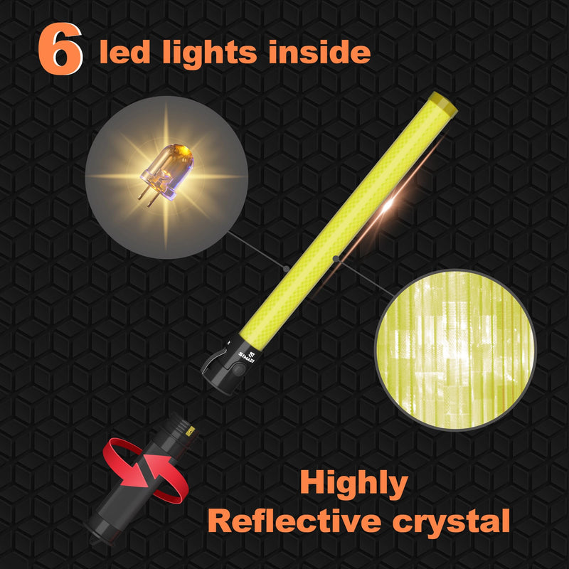 2 Pieces 21 Inch Signal Traffic Wand with 3 Flashing Modes & 6 Led Lights, Traffic Safety Baton with Wrist Strap for Air Marshalling, Car Directing, Parking Guides (Yellow) Yellow 2 Pack
