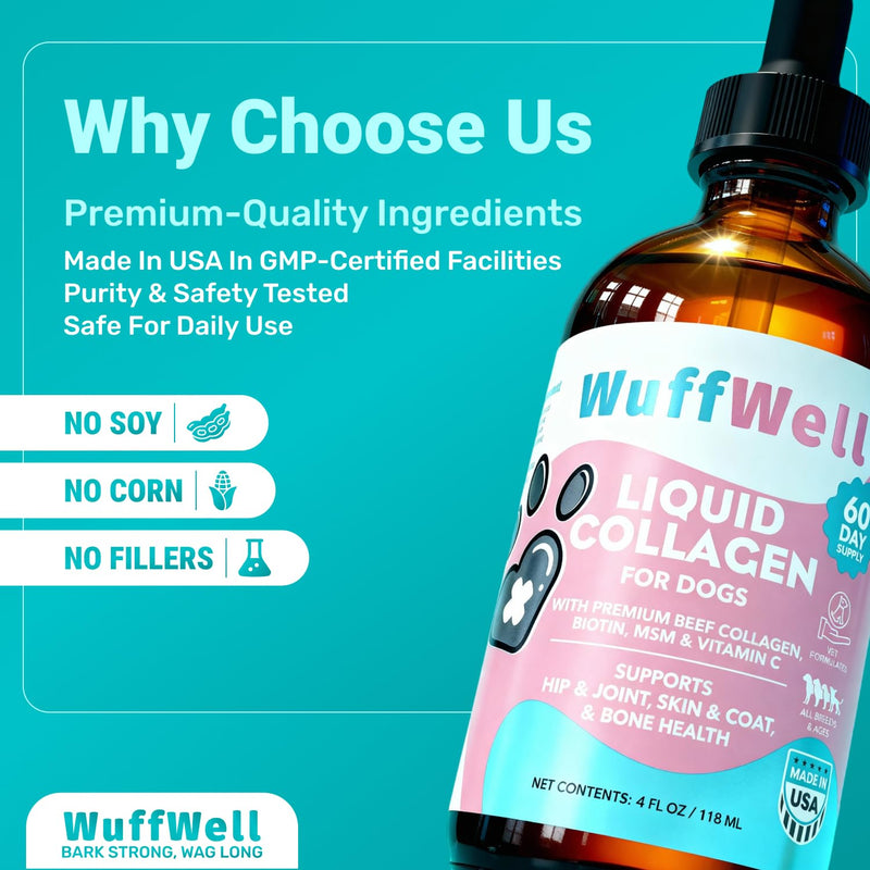 WuffWell Liquid Collagen for Dogs - Premium Dog Collagen Drops for Healthy Joints - Made in USA - Supports Skin & Coat Health - Easy to Administer for Dogs of All Breeds