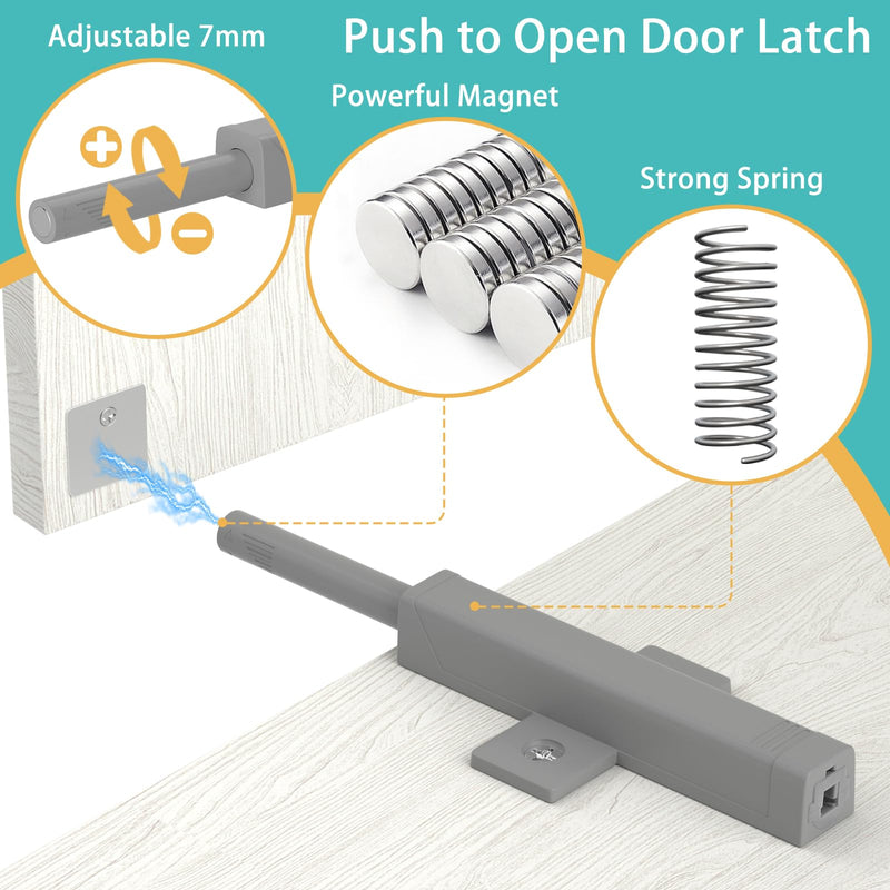 Push Touch Latch, Jiayi Push to Open Cabinet Latch 2 Pack Heavy Duty Door Spring Magnet On Close Push Catches Magnetic Push Out Latch for RV Hidden Barn Kitchen Doors Drawer Gray