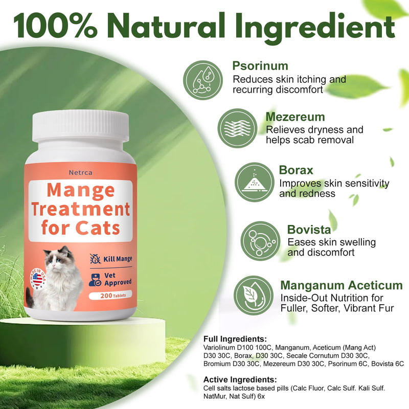 Mange Treatment Cats, Hair Regrowth, Skin Repair, Treats Scratching, Itch & Scabs, Ear Cleaning, Scabby Cat Treatment, Safe for Feral & Stray Cats, 200 Pills