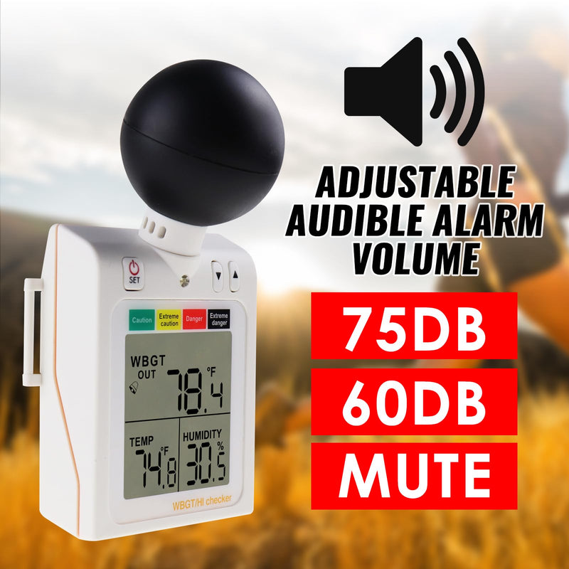 Wet Bulb Thermometer 2-in-1 WBGT + HI Heat Index Checker Heat Stress Meter, Wearable Indoor Outdoor Wet Bulb Globe Thermometer Humidity Tester with Four Level Indicator and Audible Alarm