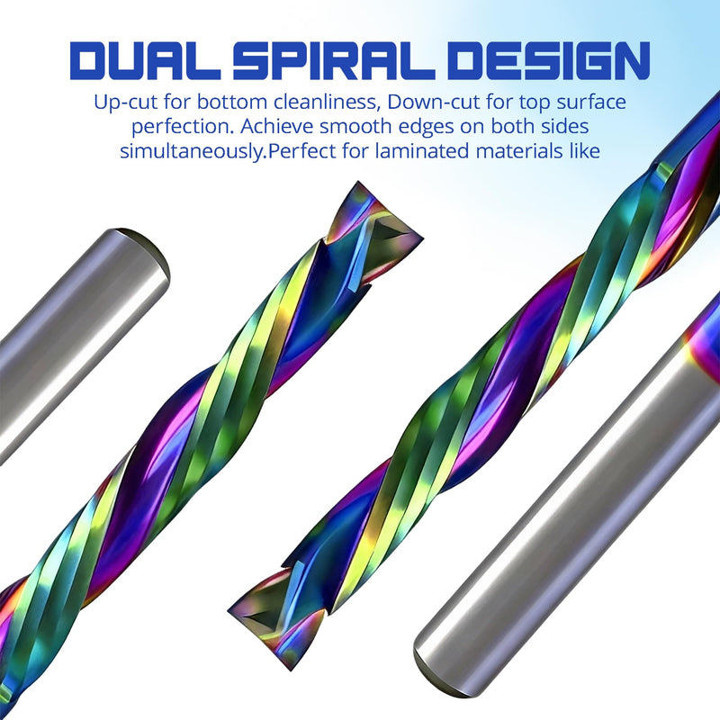 Compression CNC Router Bits with DLC Coating, 1/8 inch Shank 2 Flutes Spiral End Mill Wood Cutters Up & Down Cut Solid Carbide Endmills Milling Cutter for Wood PVC Engraving (Pack of 10)
