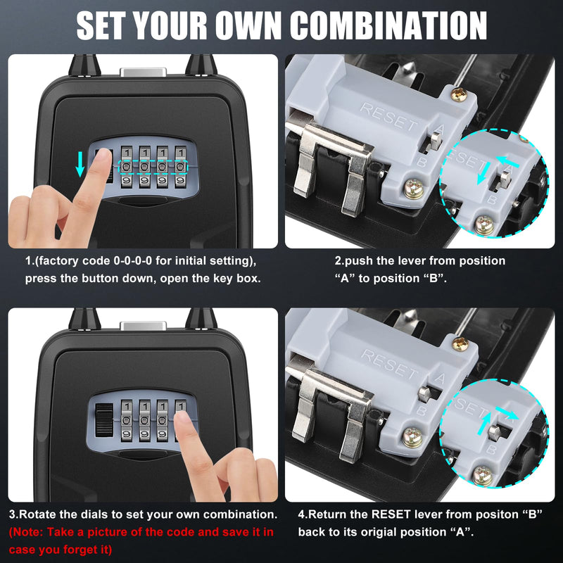 Key Lock Box Outdoor with Code, Large Key Lockbox for Keys Outside Portable Lock box for Keys, 4 Digit Combination Key Safe Storage, Waterproof Keybox Wall Mounted for Outdoor Home Garage Office Black Door handle hung + Wall mounted