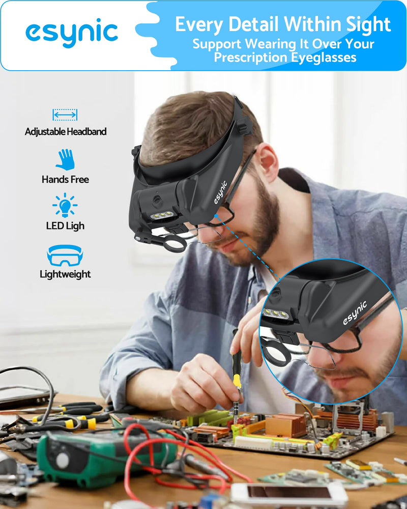 eSynic Type-C Rechargeable Magnifying Glasses Headset-Up to 14X Magnification-5 Interchangeable Lens-3 LED Lights -2 Adjustable Brightness Levels-Comfort & Fit Headband Magnifier for Crafts/Reading