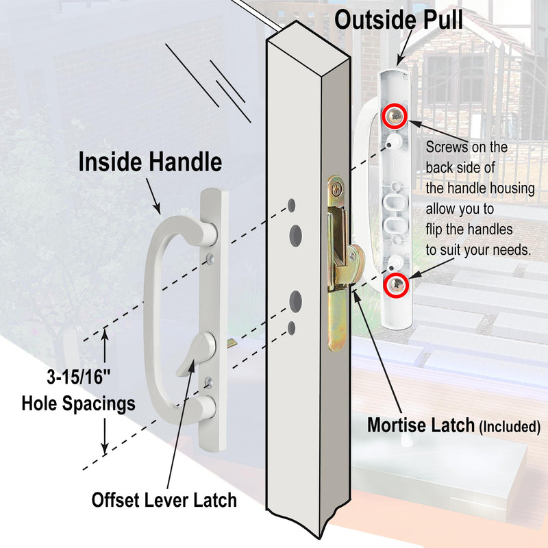 Offset Position Non-Keyed Sliding Patio Door Handleset with Mortise Lock, 45° Keyway, 3-15/16" H.C., Fits 1-3/8" to 2-1/4" Thick Doors, No-Handed, White Diecast 3-15/16" Offset
