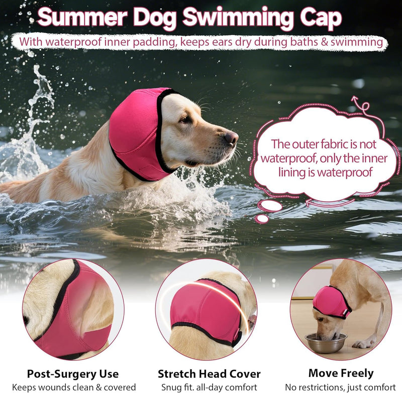 Dog Calming Hoodie Quiet Ear Cover for Noise Protection Anxiety Relief Ear Muffs, No Shake Ear Wraps for Dogs, Waterproof Swim Cap Bath Blow Dry Headband Wraps for Ear Hematoma Groom Fireworks(L,pink) ROSE RED Large(Head Circle:18"-24")