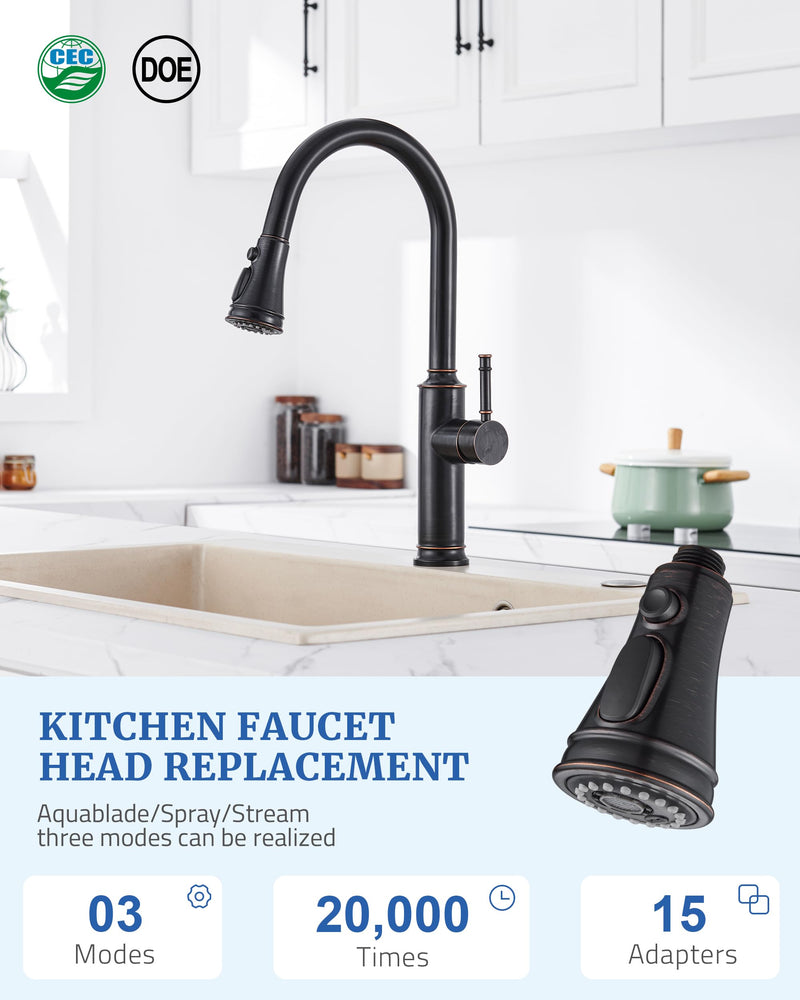 Kitchen Faucet Replacement Spray Head - with 15 Adapters, Pull Down Faucet Sprayer with 3-Function Nozzle, Oil-Rubbed Bronze, Kitchen Sink Faucet Head Replacement Oil Rubbed Bronze